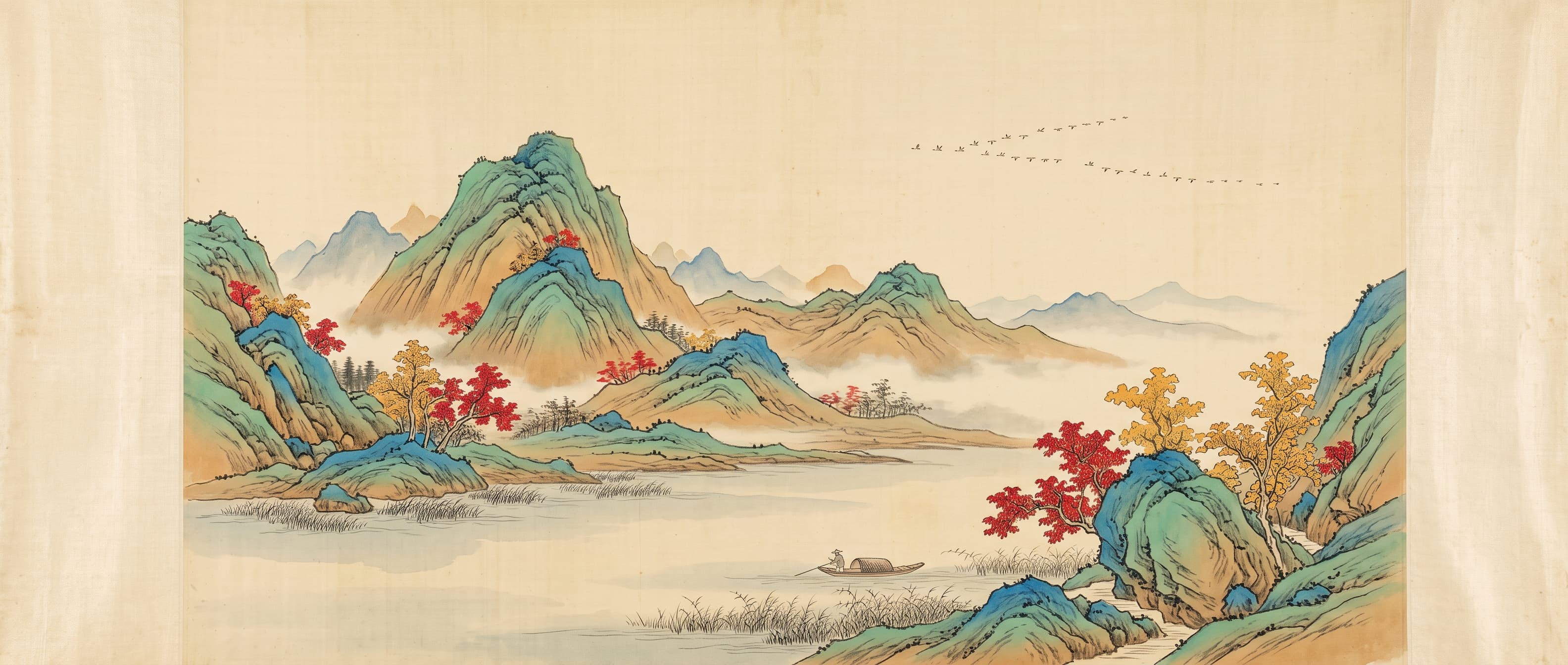 秋景山水:赭石与石青的山峦间点缀着红枫和银杏,一叶渔舟泊在平静的湖上,雁阵飞过高远的天空