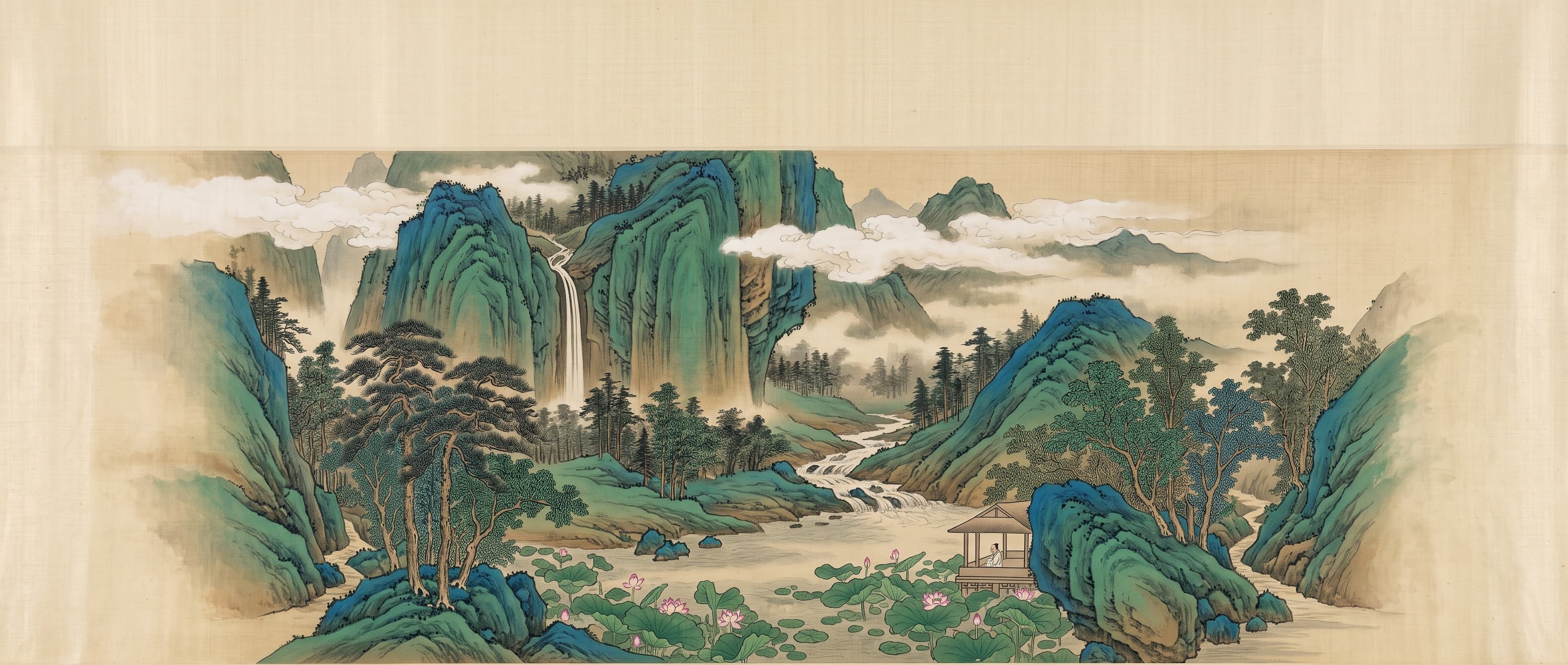 夏景山水:青绿高峰间一道瀑布落入溪流,松林茂密,白云绕着山腰,前景池塘开满荷花,水边亭中有人静坐
